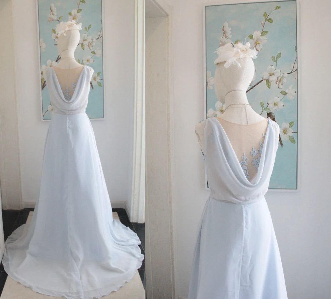 Vestido de dama de honor con escote en V, espalda descubierta en azul polvoriento con apliques de encaje, sin mangas, elegante vestido de dama de honor de gasa para fiesta de graduación con abertura